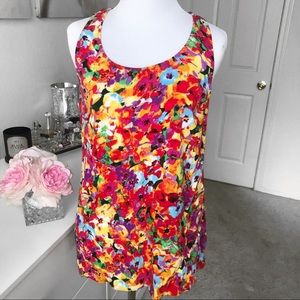 CAbi Colorful Floral Sleeveless Red ank Round Neck Racerback Women's Size Small